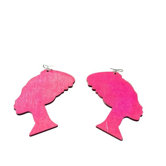 Queen Nefertiti African Silhouette Pink Wooden Earrings Headwrap Design - Picture 4 of 5